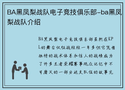 BA黑凤梨战队电子竞技俱乐部-ba黑凤梨战队介绍