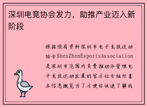 深圳电竞协会发力，助推产业迈入新阶段